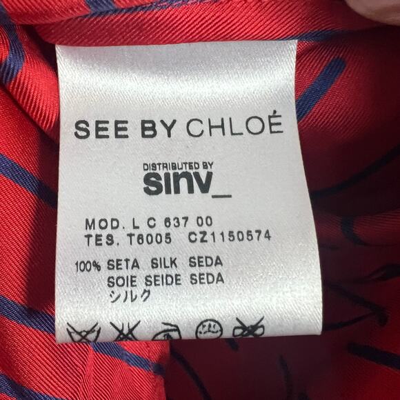 See by Chloé Red Silk Blouse Peter Pan Collar Button Down Long Sleeve US 6 - Picture 4 of 7